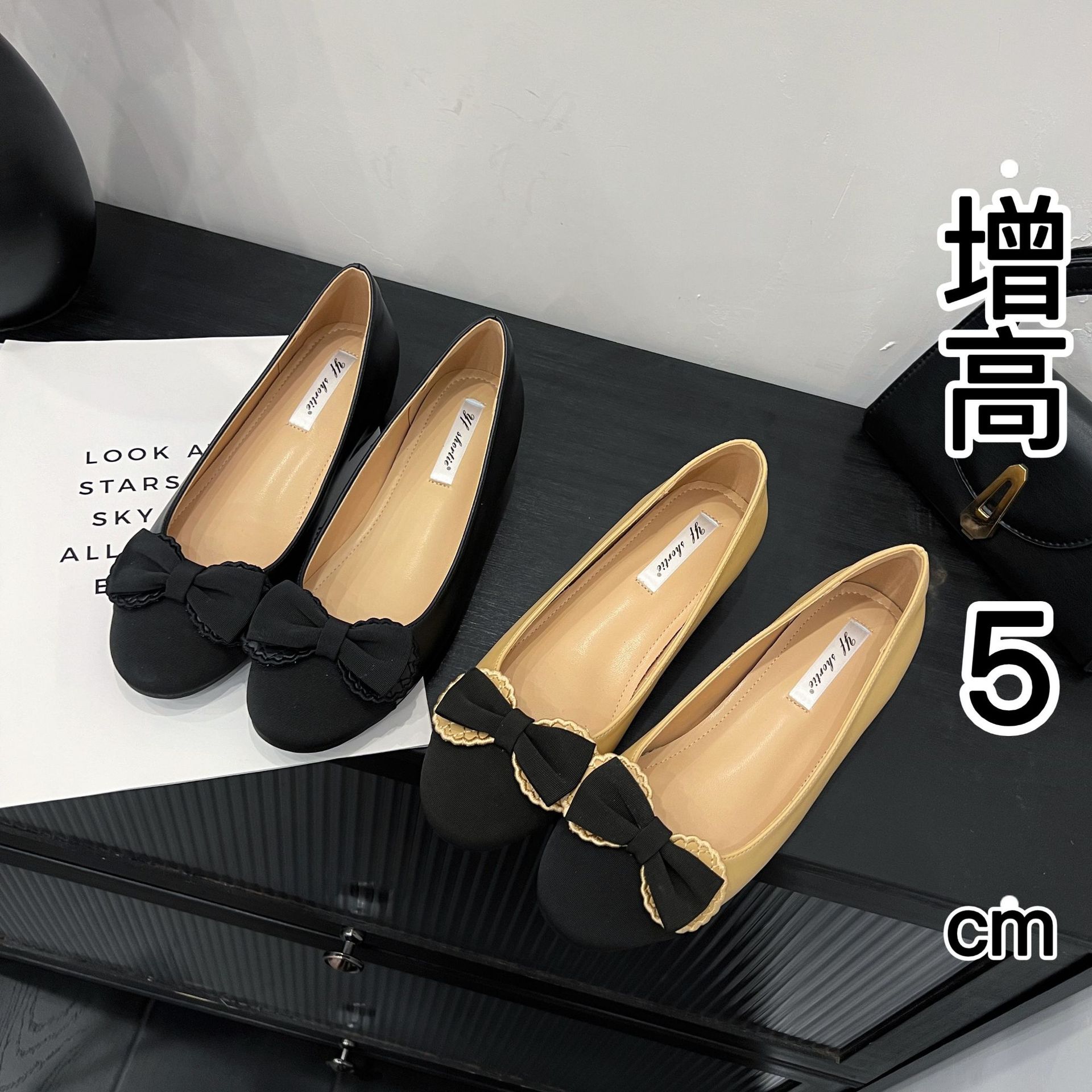 Inner Height Women's Shoes Chanel Style Color-block Rhomboid Ballet Shoes 2025 Spring New Casual Bow Shallow Mouth Shoes