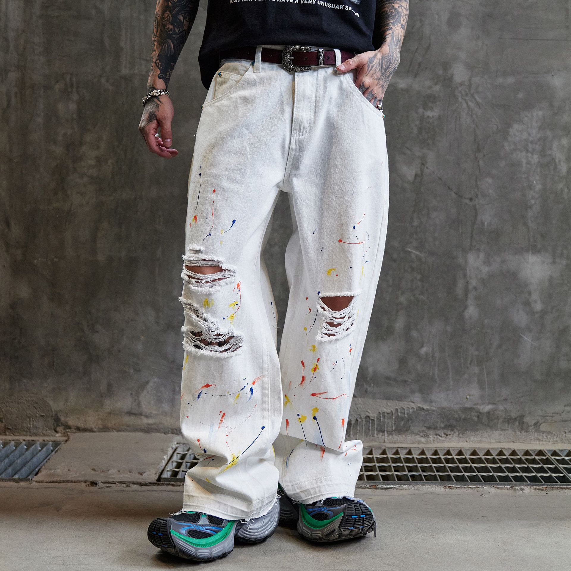 New Trendy Brand Loose Straight-Leg Washed Ripped Graffiti Jeans for Men and Women, American Street Style Hip-Hop Scimitar Pants