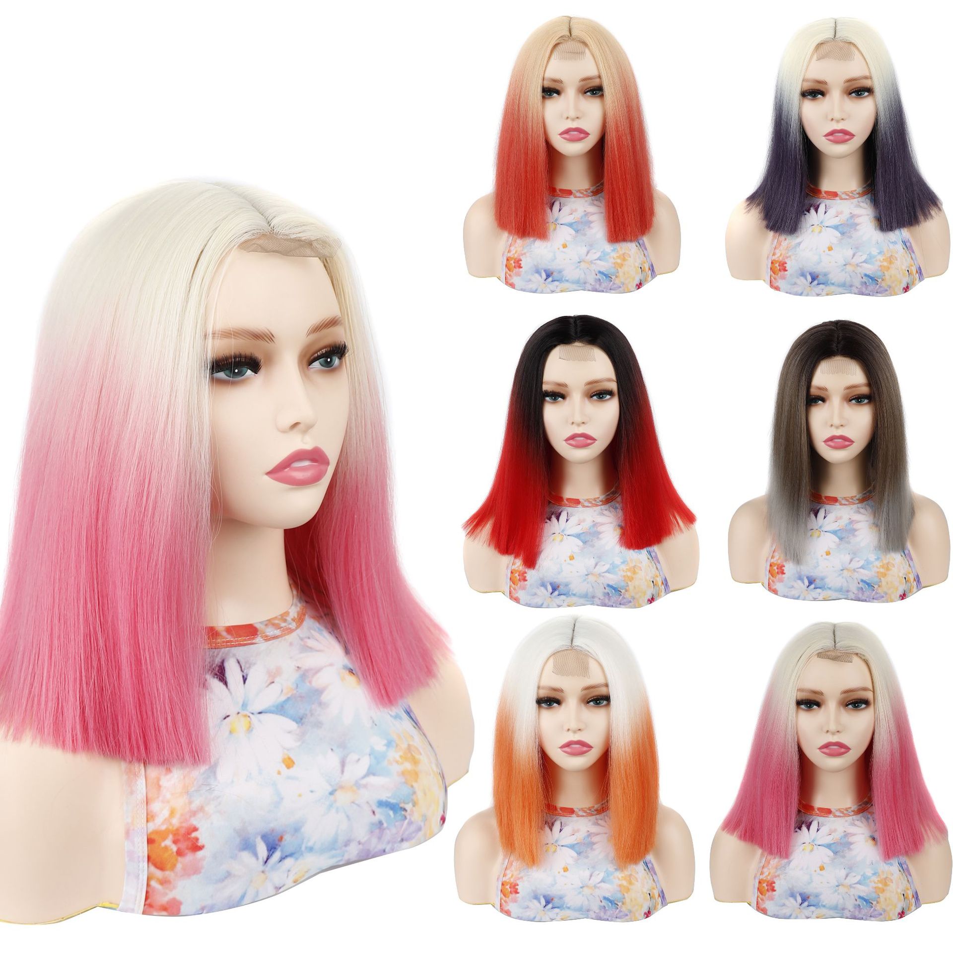 Chemical Fiber women's wig head cover colorful lace mid-length straight hair head cover mid-point wave head wig head cover wholesale