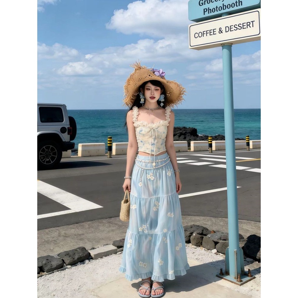 Romantic Seaside Vacation Style Forest-Themed Set: Tie-Dye Printed Camisole Top and Embroidered Heavy-Duty Flared Skirt Set