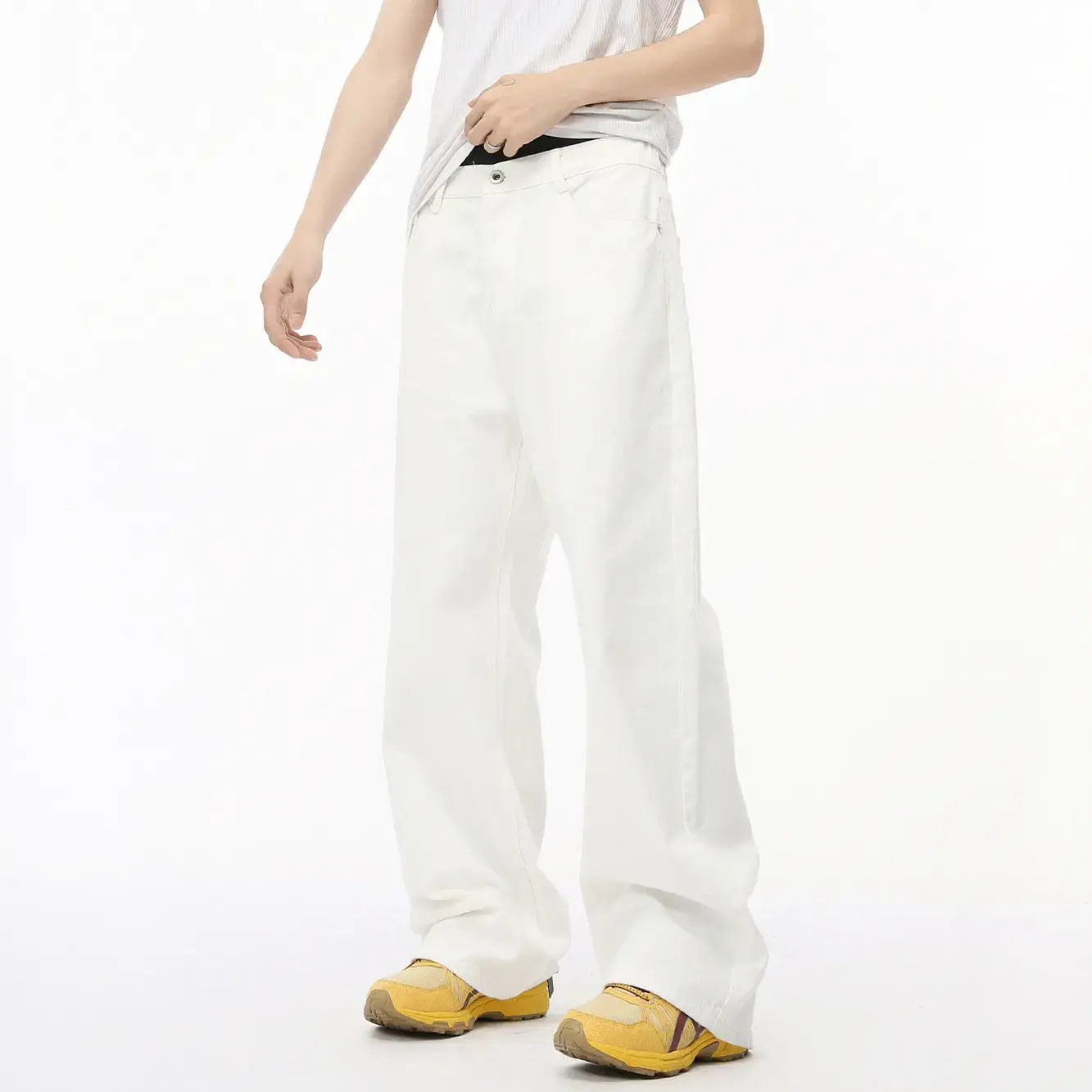 Mtlclothes Men's Clothing | Korean Style Simple Elastic Waist Solid Color Versatile Straight Casual Denim Pants Trendy