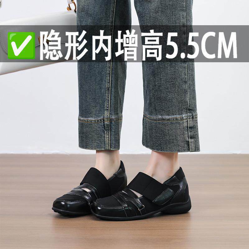 Genuine Leather Version~New Women's Mary Jane Shoes with 5.5cm Hidden Height Increase, Round Toe, Buckle Strap, Casual Flats, Retro Ballet Style