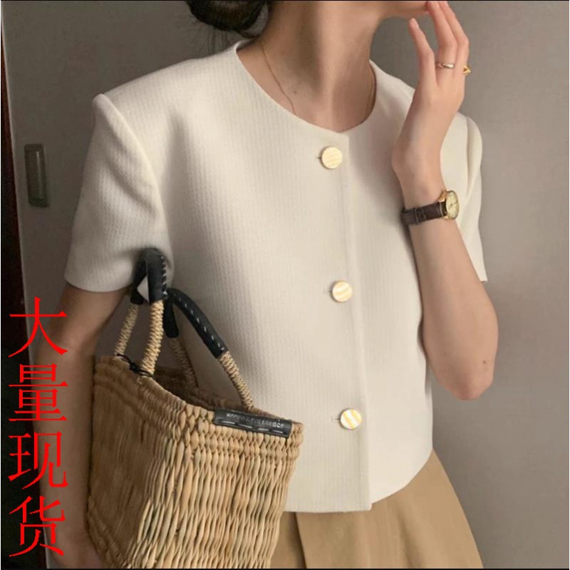 Korean Chic2026 Summer Elegant Chanel-Style Round-Neck Single-Breasted Loose Casual Puff Sleeve Short Jacket for Women