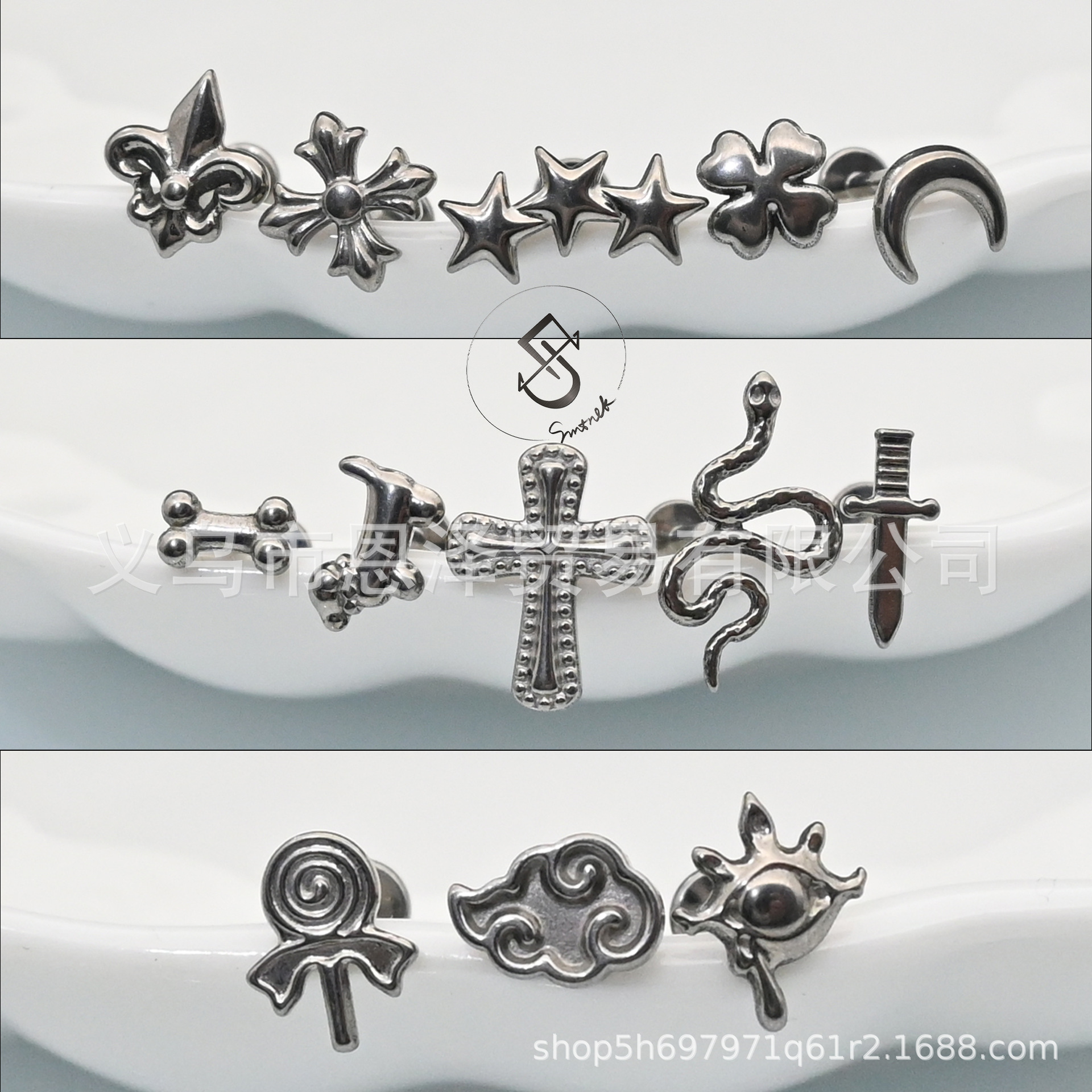 F136 Medical Titanium Alloy Zircon Wolf Tooth Tiger Tooth Fang Ear Stud Internal Thread Earlobe Stud Edge Ear Bone Cochlear Stud