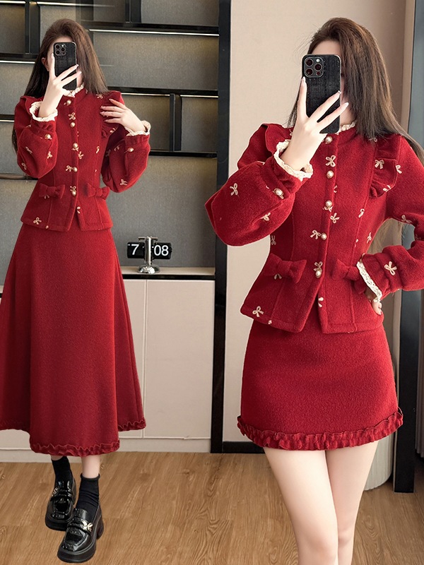 Real Shot of Christmas Gift French Retro Style Set for Women, New Winter Woolen Shirt + Skirt Two-Piece Set