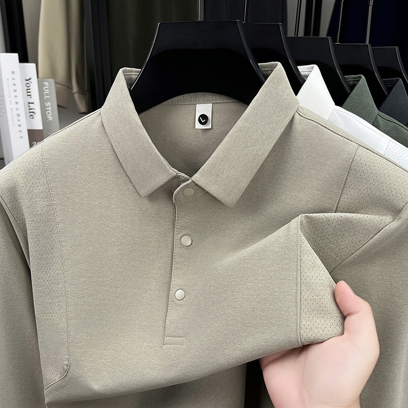 Autumn and Winter Men's Waffle Long-Sleeved Polo Shirt, Loose Casual Lapel Top, Multi-Color Versatile Solid Color Base Shirt