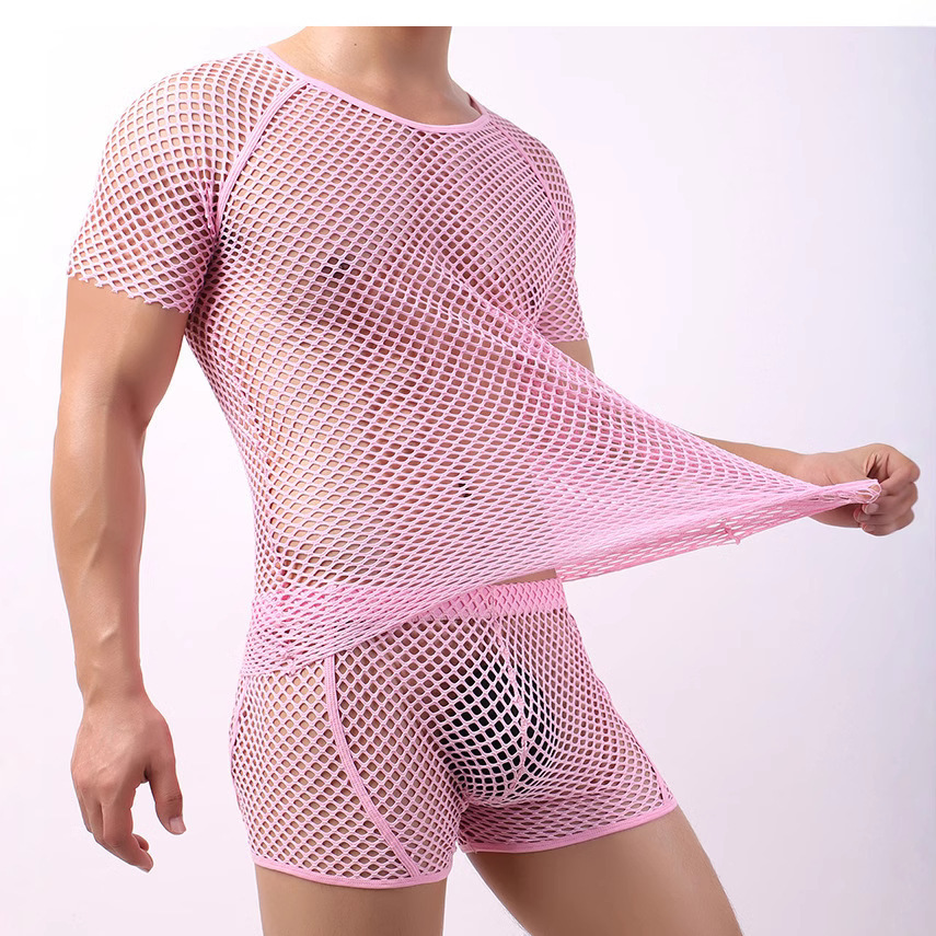Cross-border perspective big mesh men's T-shirt sexy transparent fishing net hollow top men's foreign trade without pants
