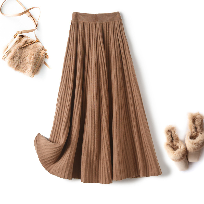 Autumn and Winter New Wool Skirt Women's High Waist Elegant Mid-Length Large Skirt Solid Color Pleated Knitted A- Line Umbrella Skirt