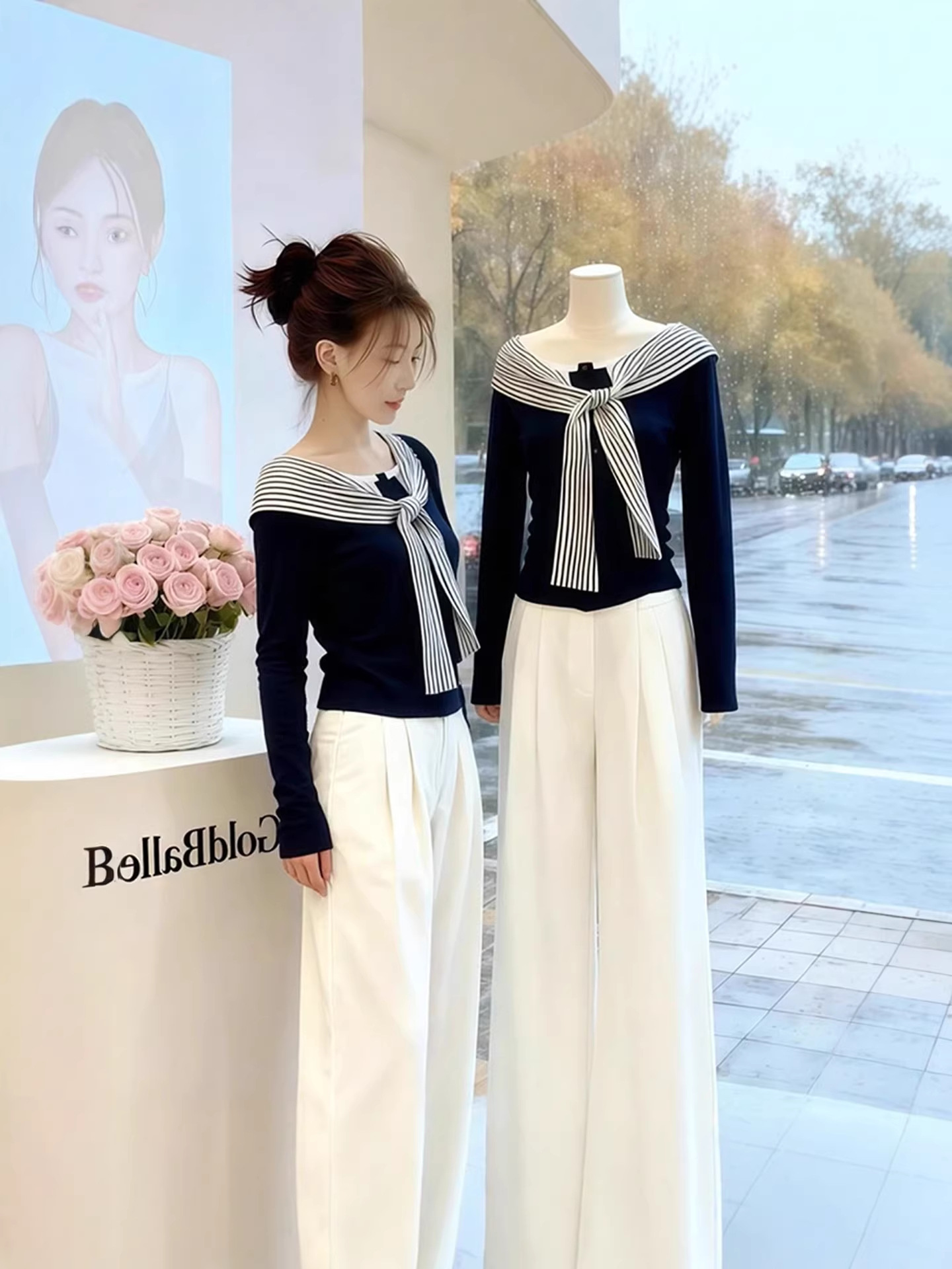 Academy Style Fake Two-Piece Striped Tie-Up Shawl Base Shirt for Women, Autumn Korean Style Pure Cotton Slim-Fit Slimming T-Shirt Top