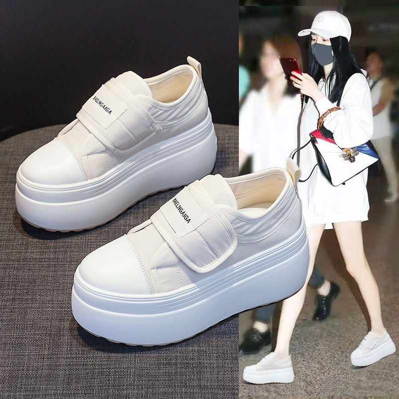 Platform White Sneakers for Women 2026 Spring and Autumn New Slip-On Women's Shoes Biscuit Shoes with Velcro Thick-Soled Casual Loafers