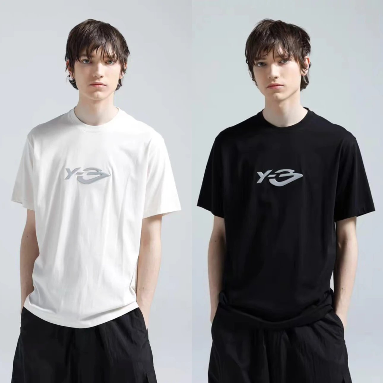 机能风立体印花 Y-3/山本YS LIQUID系列 黑白色男女同款 棉质徽标圆领T恤