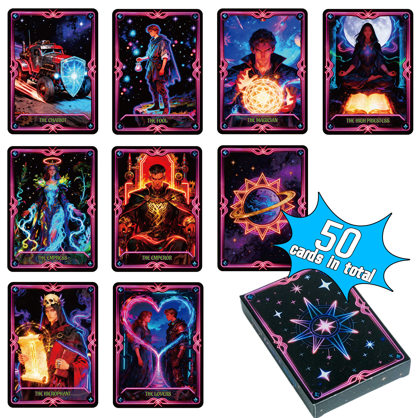 Cross-Border New Product: 50 Classic Neon Board Game Cards with High Aesthetic Value for Parties, Tarot Cards, and Interactive Games