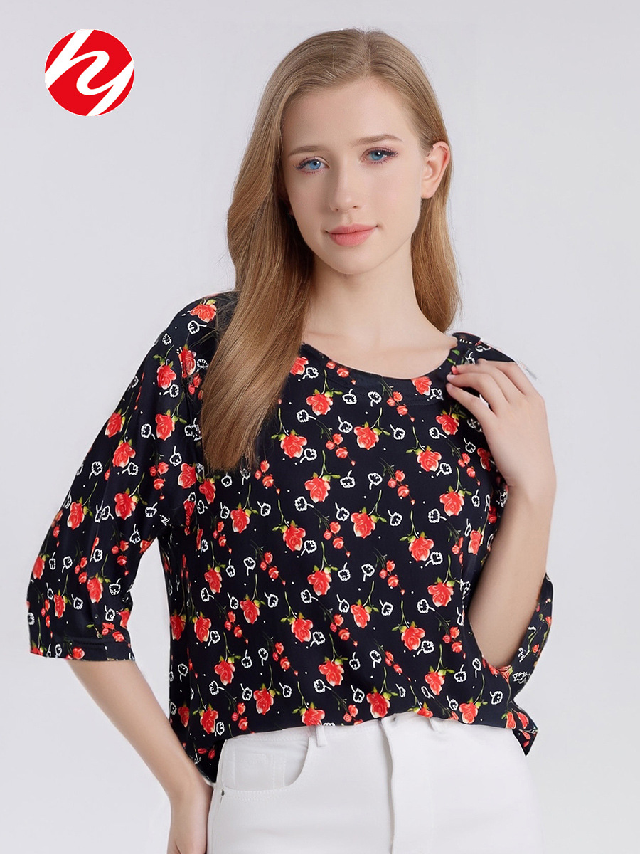 Huaye Women's Summer Mulberry Silk Loose Round Neck Printed Mid-Sleeve T-Shirt Fashionable plus size Loose Slimming Silk Top