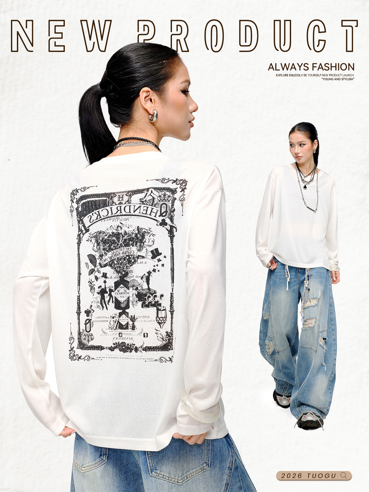 Tuogu Trendy Brand White Casual Top for Women, Loose and Lazy Style with Letter Print, Long-Sleeve T-Shirt, Summer Thin Sun Protection Clothing