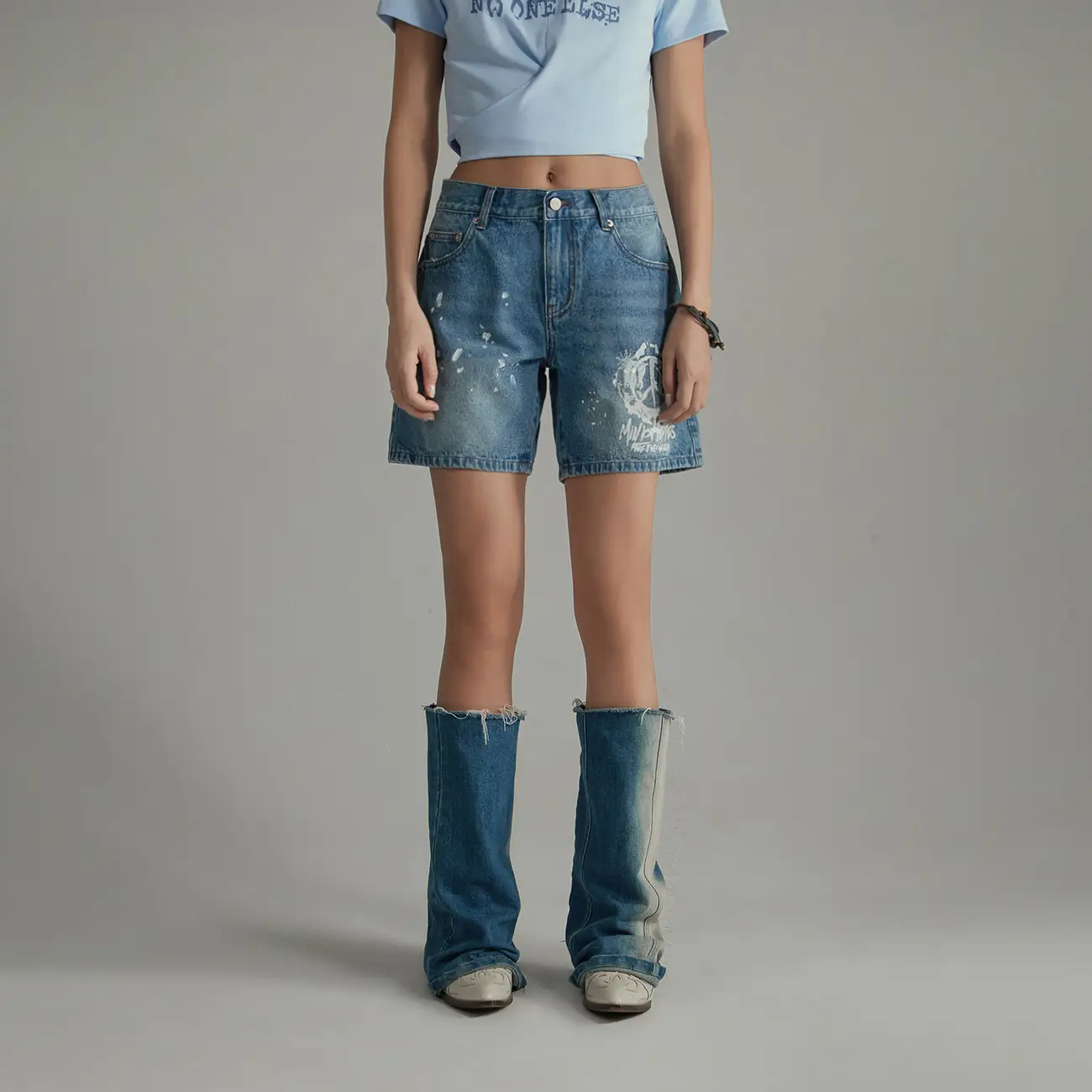 No One Else Washed Print Loose Denim Female 2025 Summer New Arrival Low Waist Wide Leg Shorts Tide