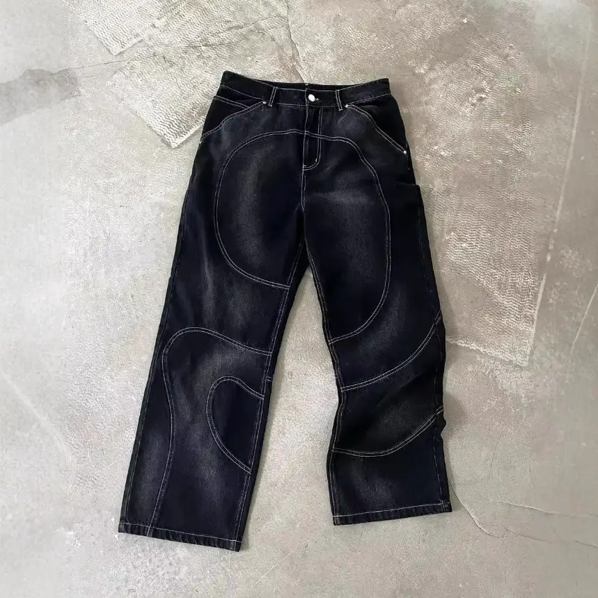 Cross-border Europe and the United States tide brand lines splicing jeans men high street design sense loose embroidery jacket gothic wind suit