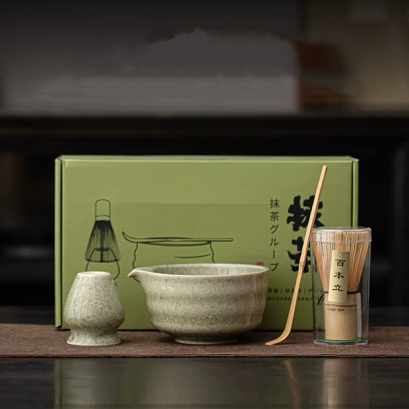Ceramic Matcha Set with Japanese Wave Pattern, Pointed Spout Matcha Bowl, Tea Whisk Stand, 100 Prong Tea Whisk, Matcha Stirrer