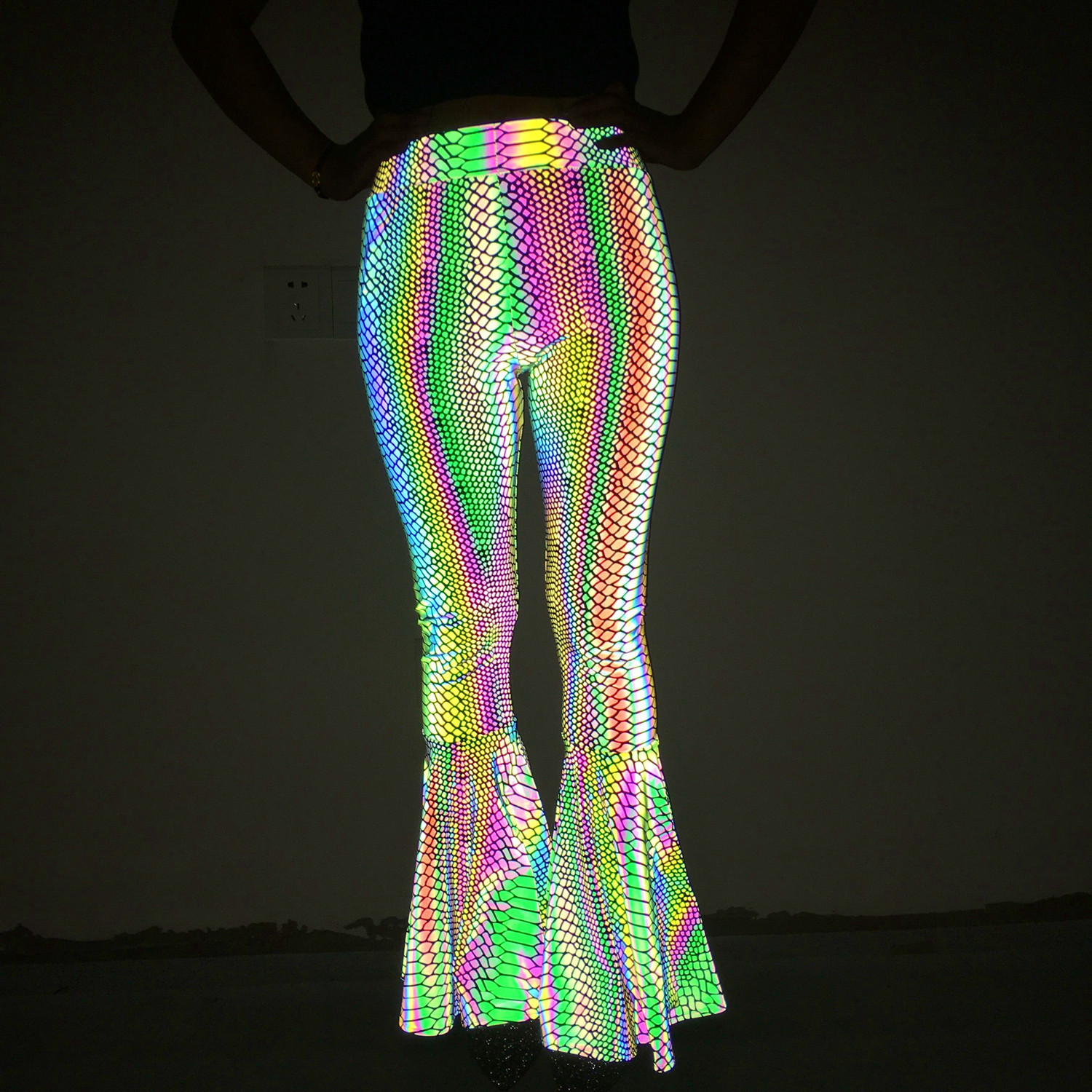 Europe and the United States cross-border colorful reflective flared pants women's fashion slim high waist wide leg pants nightclub stage sexy women's clothing