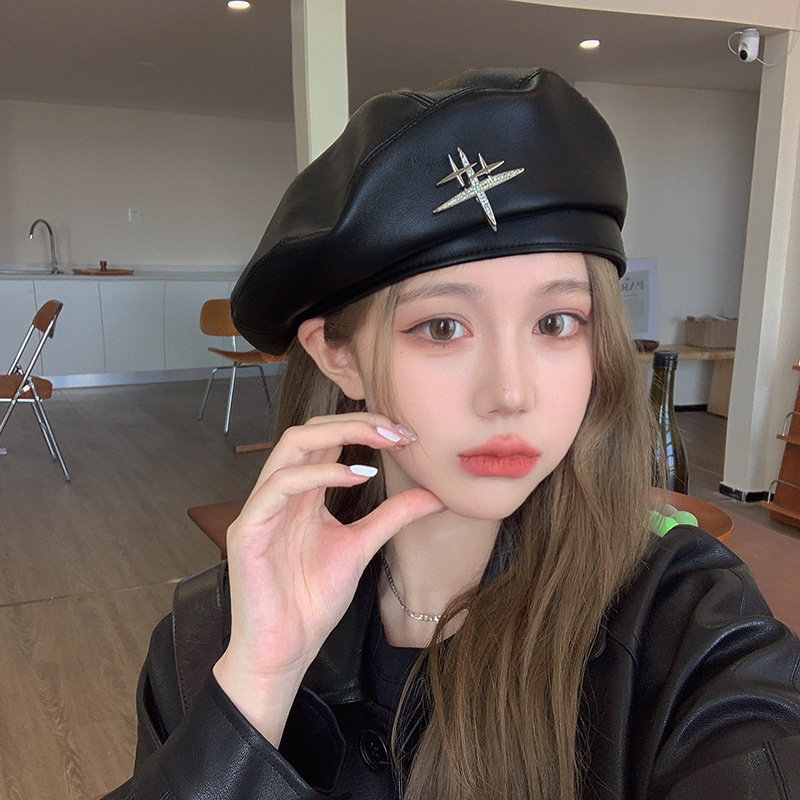 Pu Leather Black Newsboy Cap for Women 2025 New Korean Style Octagonal Hat Large Head Circumference Face-Slimming Artist Hat