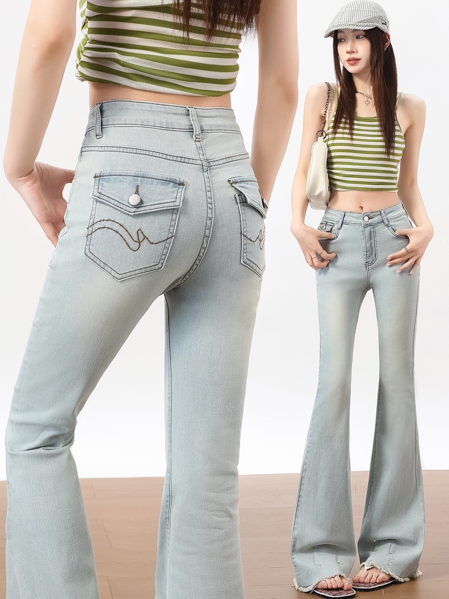 Ripped Raw Hem Jeans for Women, Spring/Summer Thin Style, Mid-Waist, New Trendy Retro Washed Petite Flared Pants