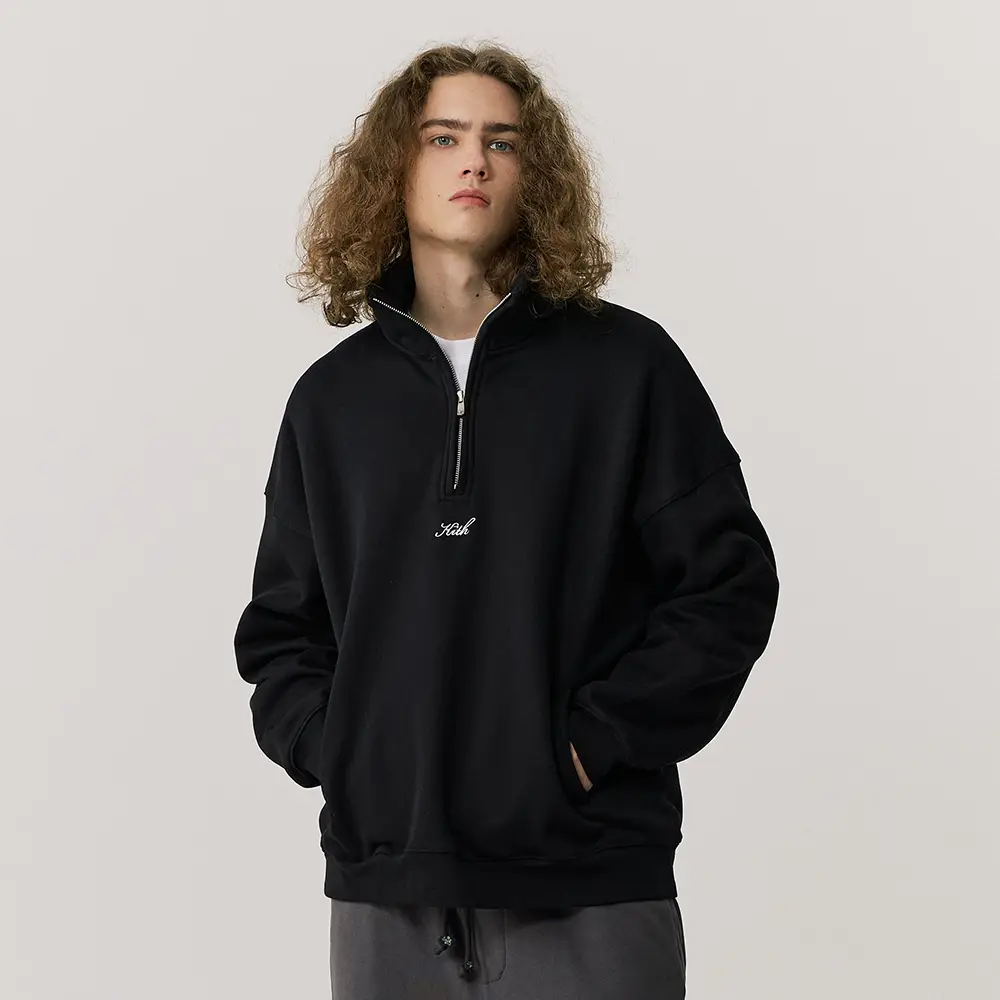 Kith Half Zipper American Sweatshirt Men and Women Fleece-lined Fall and winter Style Stand Collar jacket pullover Heavy weight Couple Wear Outwear