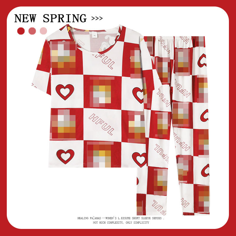 Factory wholesale spring and summer checkerboard pajamas women's round neck cartoon peach heart duck cute casual home clothes suit