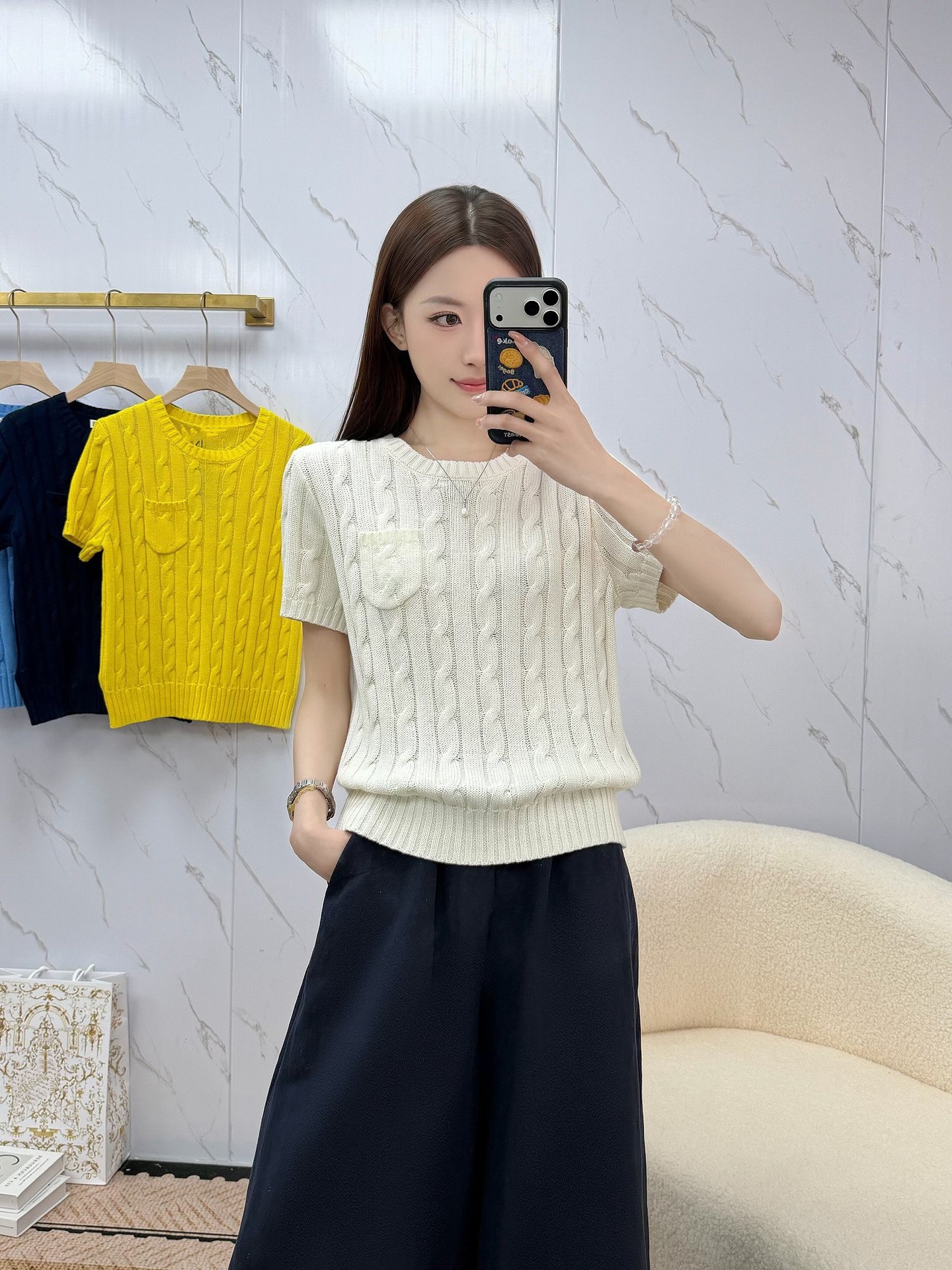 Correct Version 26Th Annual Early Spring New Style Round Neck Pocket Embroidered Pony Pattern Slim Fit Cable Knit Short-Sleeve Sweater for Women