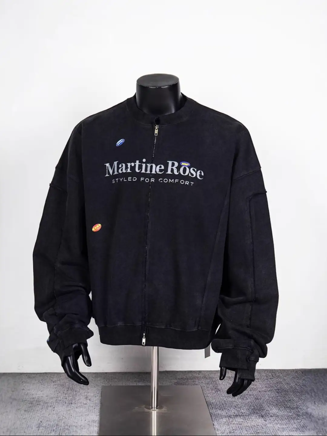 Letter Print Washed Black Patchwork Jacket Men's Autumn Crew Neck Zipper Sweatshirt American Street Style Cool Jacket