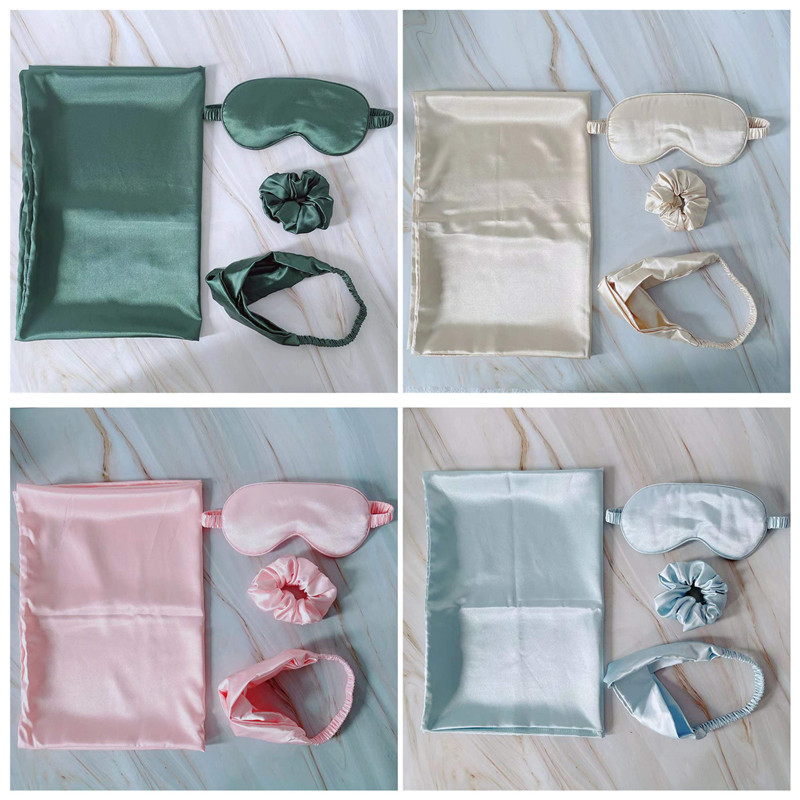 Imitation silk eye mask pillowcase hair band hair band four-piece set of color cloth shading eye protector suit gift box in stock