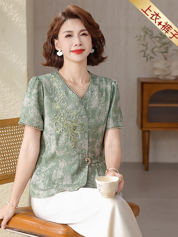 Mother's Day Gift for Mother-In-Law: High-End Short-Sleeve Set, New Chinese-Style Belly-Covering Top, Silk Satin Pants Two-Piece Set, Thin Style