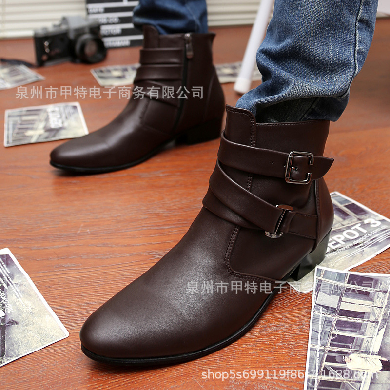 Cross-border Autumn Large Size Pointed Toe Leather Shoes Korean Style Height Increasing Leather Boots Foreign Trade British Winter Casual Shoes Boots Men's Shoes