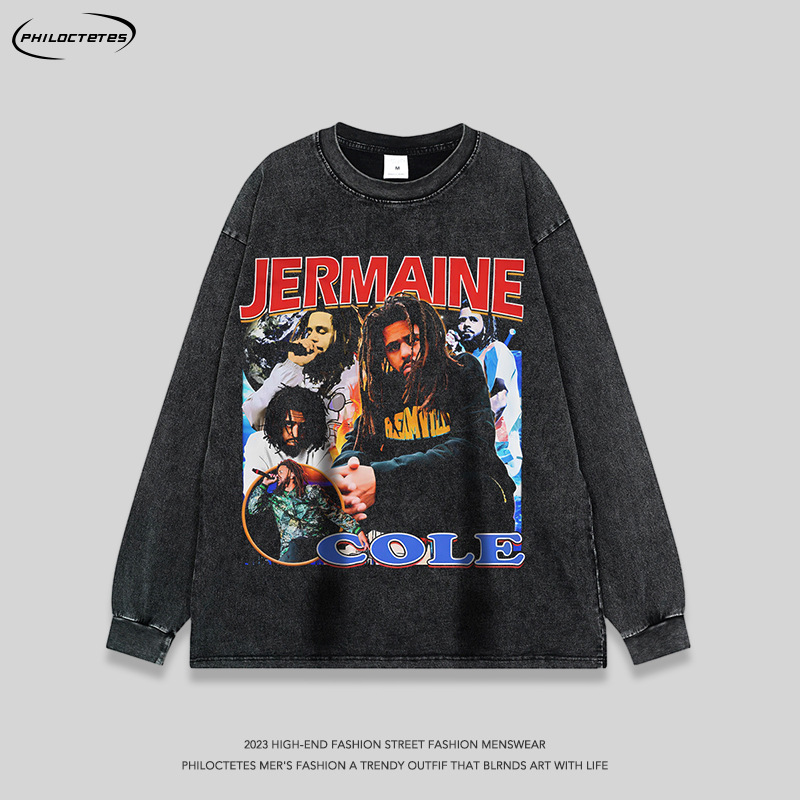American retro rap portrait washed long short-sleeved T-shirt hiphop Street distressed casual bottoming T-shirt men and women