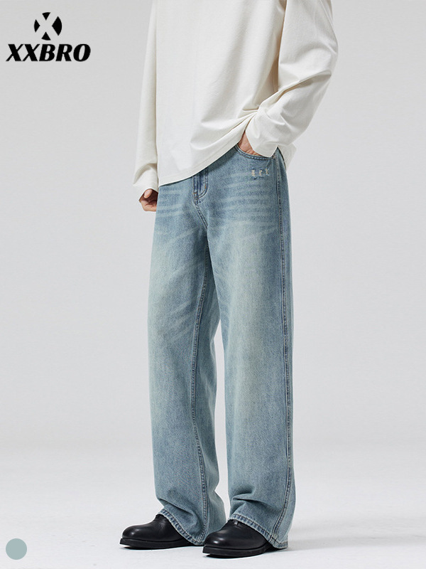 Muxi Clothing # Summer Trendy Light Blue Jeans for Men and Women, Washed High Street Straight-Leg Pants, Versatile Long Pants.