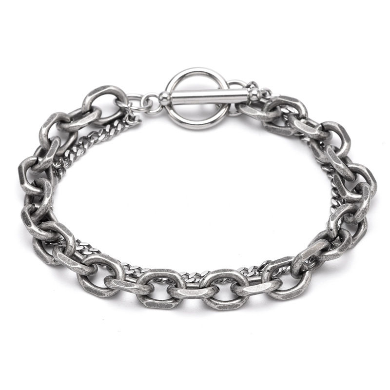 European and American Stylish Cold Style Ins Men's Trendy Bracelet Stainless Steel Ot Buckle Double Layer Hip Hop Punk Men's Retro Hand Jewelry