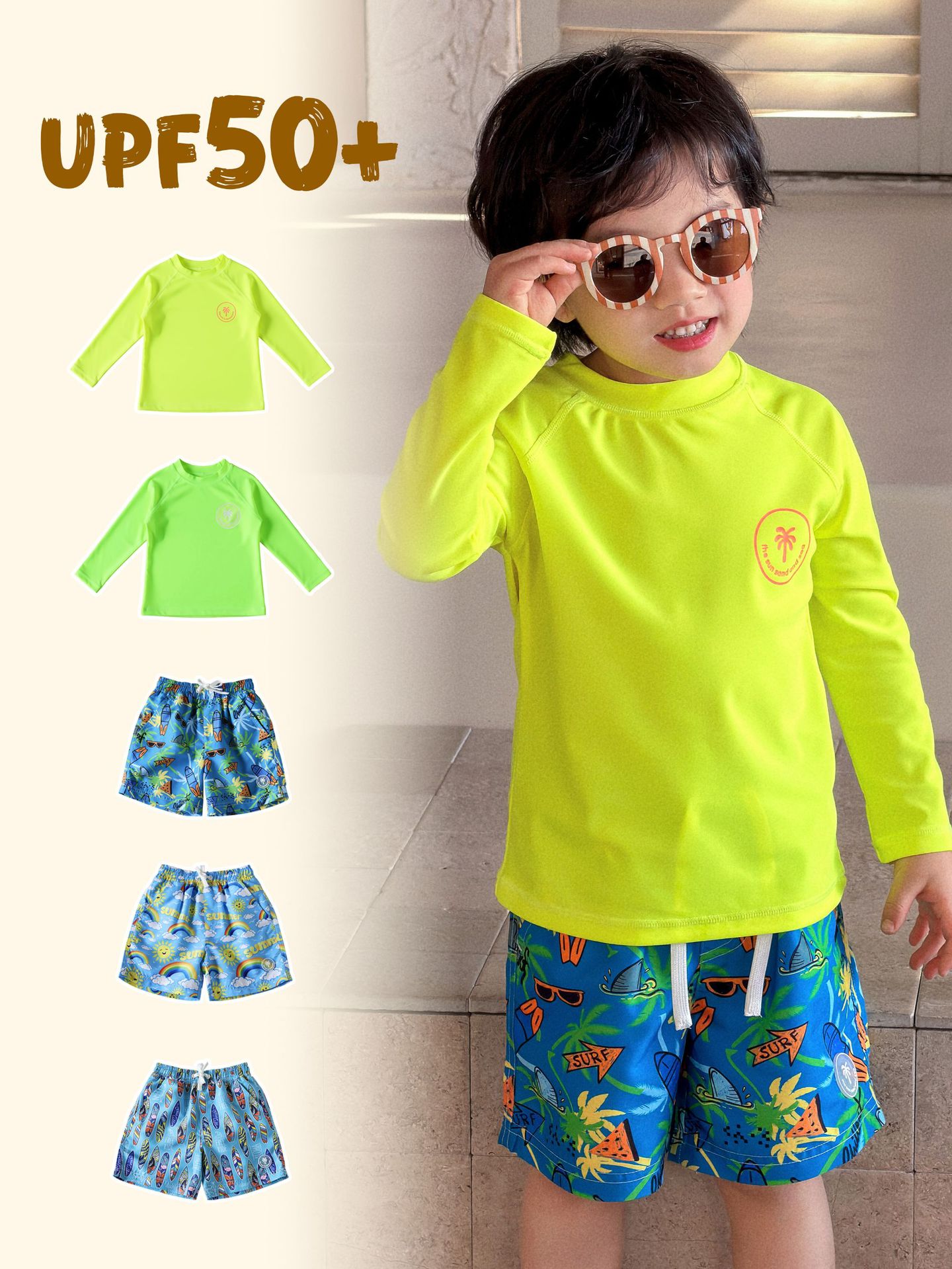 Children's Swimsuit, Boys' Sun-Protective Long-Sleeved Fashionable Fluorescent Color Swimsuit, Medium and Large Children's Quick-Drying Beach Shorts, Surfing Shorts