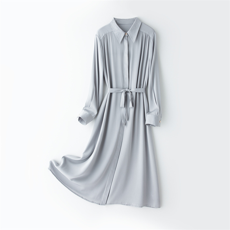 Fashionable and Elegant French Pure Color Silk Dress 2025 Spring and Summer New Mulberry Silk Shirt Dress Long Sleeves