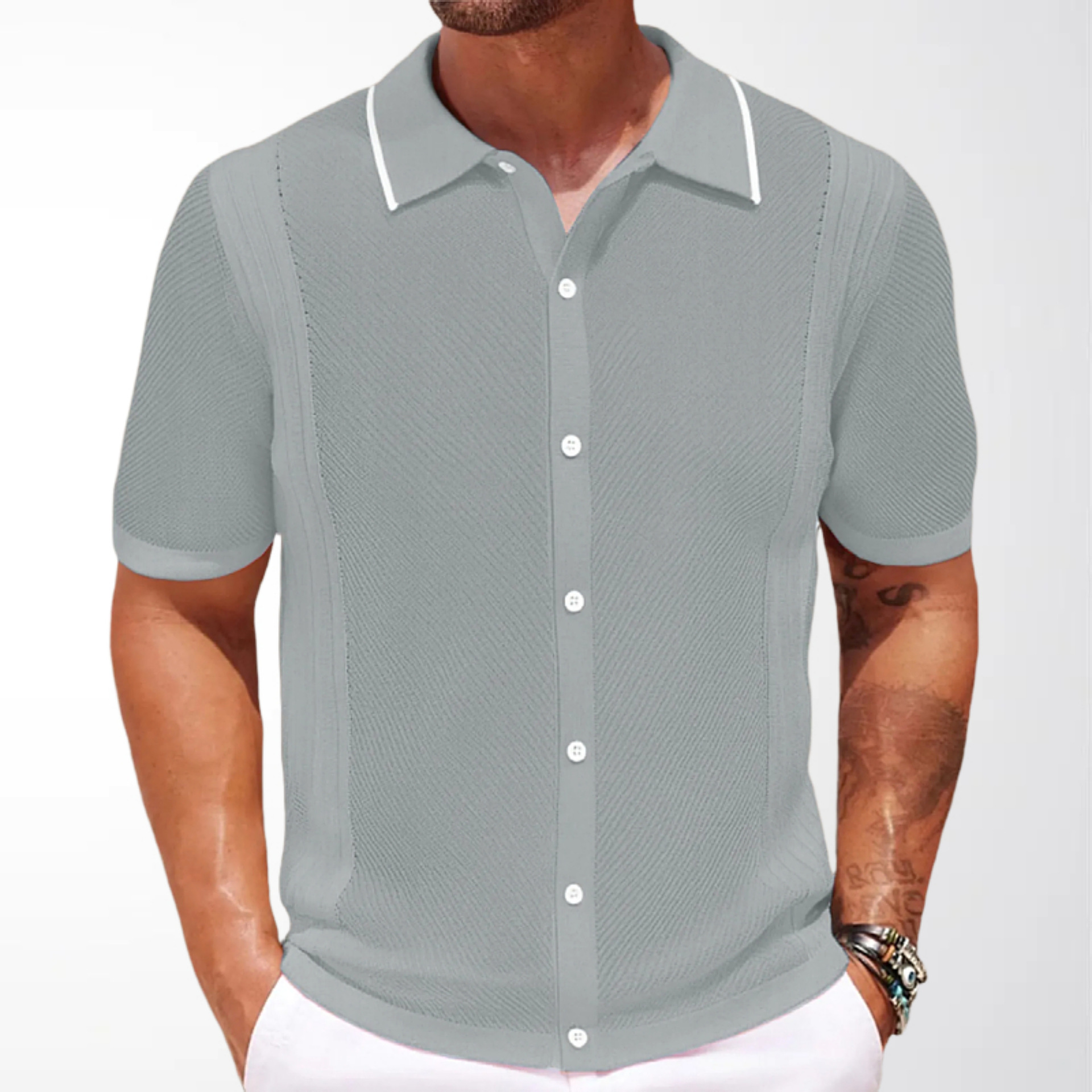 Men's Knitted Cardigan Spring and Summer Style Ribbed Jacquard Short-Sleeved Cardigan Polo Shirt Amazon Cross-Border Men's Clothing Sy0168