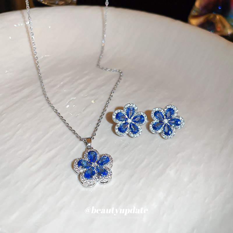 Silver Needle Micro-inlaid Zircon Blue Flower Earrings Japanese and Korean Style Small Fresh Earrings Distinctive All-match Sweet Mori Earrings for Women