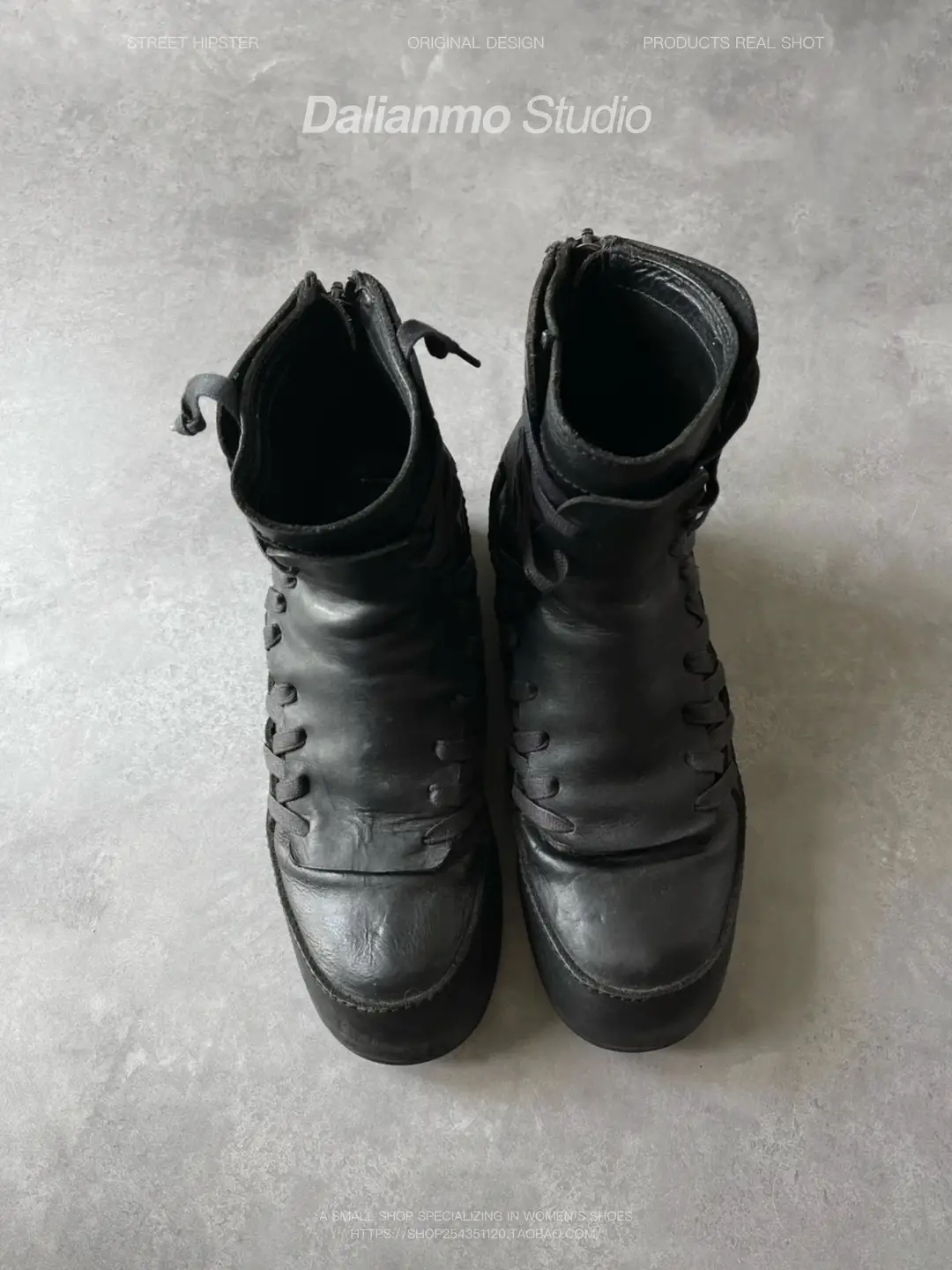 Black Retro Ankle Boots Men's and Women's Same Super Cool Lace-up Ankle Boots Thick Sole Height Increasing Show Short Boots Ninja Boots