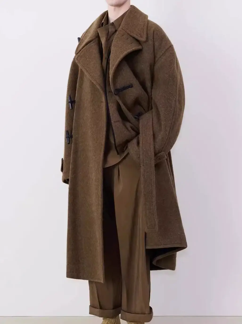 Spring Seconds Lemair~ Asymmetrical Toggle Coat for Men, 24 Autumn and Winter Brown Alpaca Wool Belted Long Coat