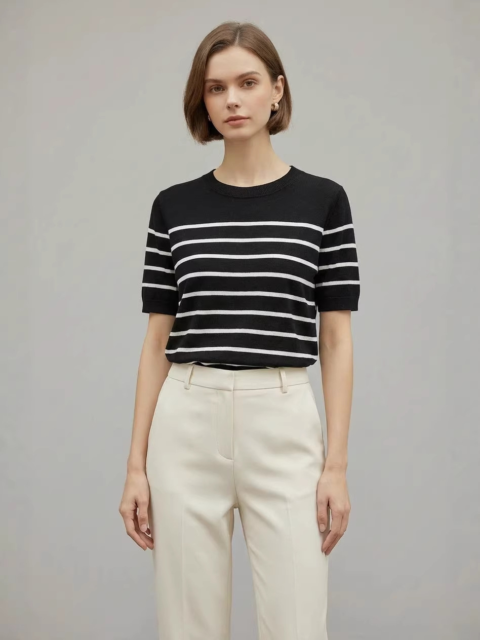 Cos Same Style Tencel Classic Round Neck Striped Short-Sleeve Knit Top Women's New Casual Versatile Slimming Top for Summer