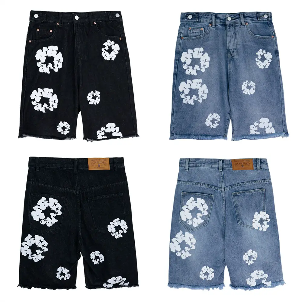 Denim Tears kapok print American tide summer men and women loose casual denim shorts trend five pants