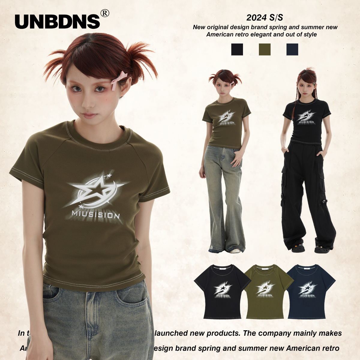 UNBDNS American Fashion Star Printed Short-sleeved T-shirt Women's Spice Girls Cotton Casual All-match Slim-fit Crewneck Short Top
