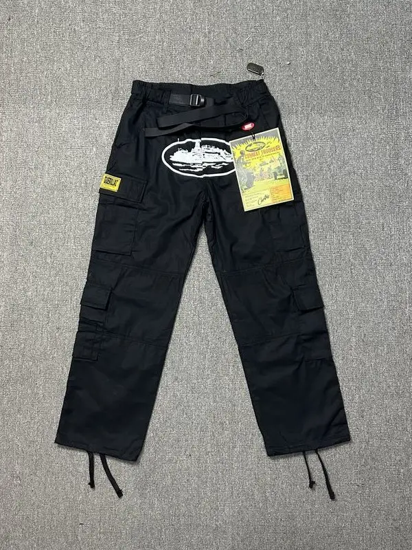 Drill American retro Multi-Pocket Print Black Cargo Pants Men's Fashionable Loose Straight Leg Pants Leg Drawstring Long Pants