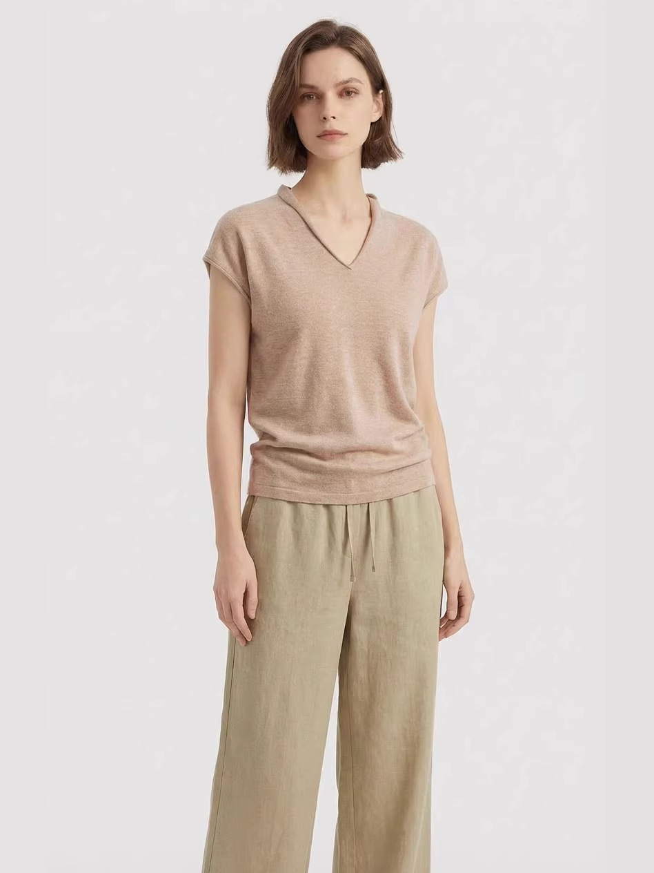 Yaqi Women's Solid Color Tencel Linen Textured Rolled-Edge Flutter Sleeve Knit Top Spring New V-Neck T-Shirt