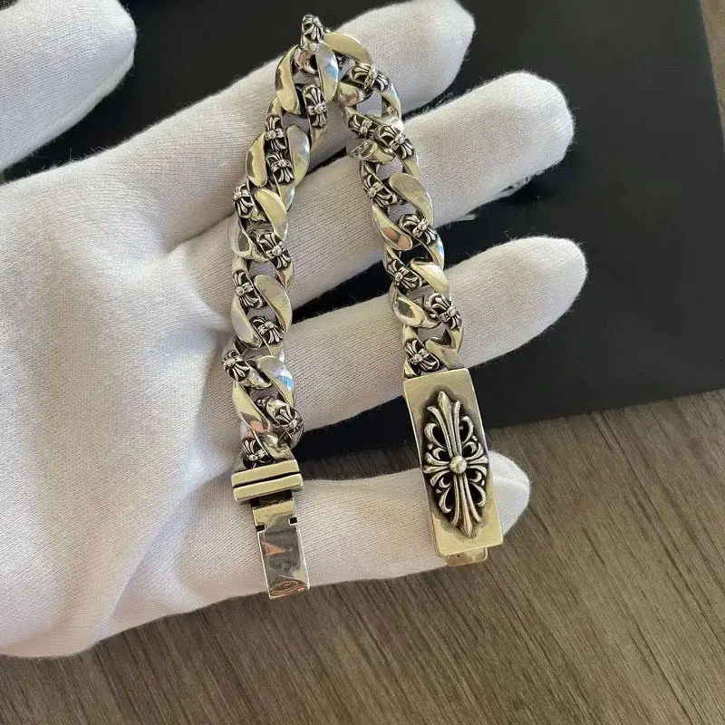 S925 Silver Vintage Interlocking Bracelet, Personalized and Fashionable Cross Flower Bracelet, Wide Version, Hip-Hop Style for Men, Gift for Boyfriend