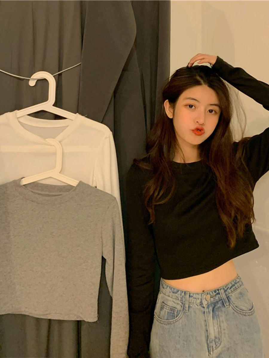 Black short T-shirt for women 2023 new Korean college style exposed navel top long sleeve basic bottoming shirt for women