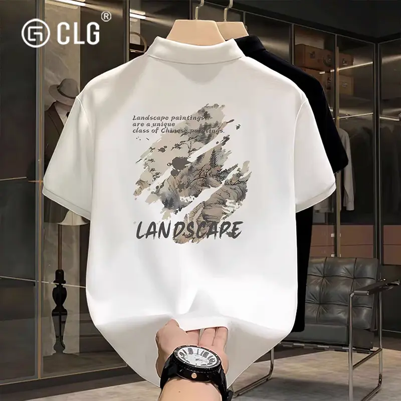 Hong Kong CLG Trendy Ink Painting Silhouette Chinese Fad Stylish Short Sleeve Polo Shirt Summer Loose New Polo Collar Top