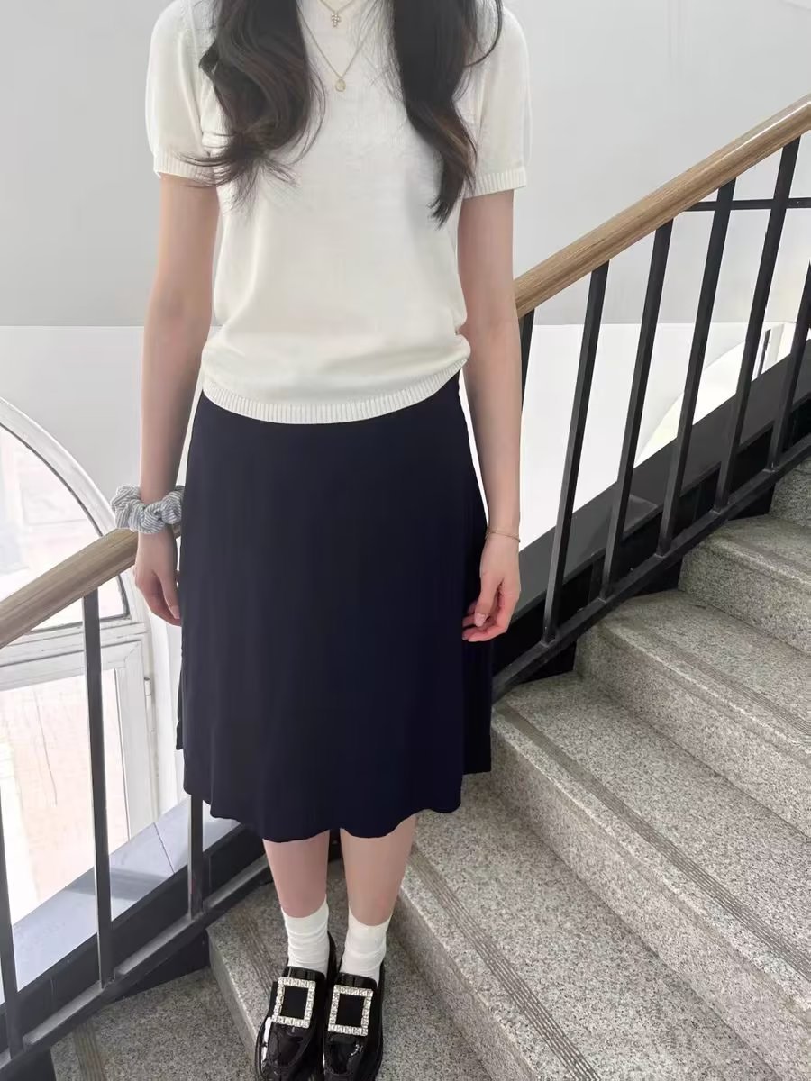 BM style American retro skirt women's new preppy style small high waist navy blue acetate A- line skirt