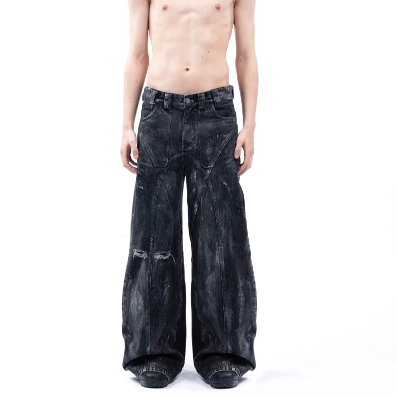 NO/FAITH STUDIOS Black Brushed Wax Water Washed Paint Loose Straight Tube Micro Pull Three Dimensional Cutting Jeans for Men